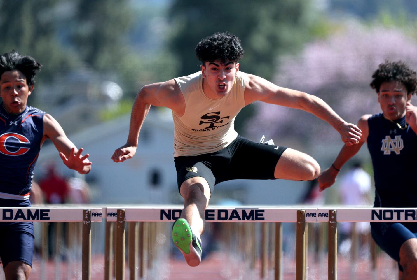 St. Francis High School runner Matthew Molina won the Mission League boys varsity 110 meter hurdles finals, at Notre Dame High School in Sherman Oaks on Wednesday, April 17, 2019.