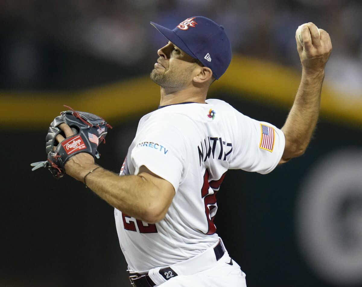U.S. pitcher Nick Martinez throws against Mexico during a World Baseball Classic loss at Chase Field in Phoenix.