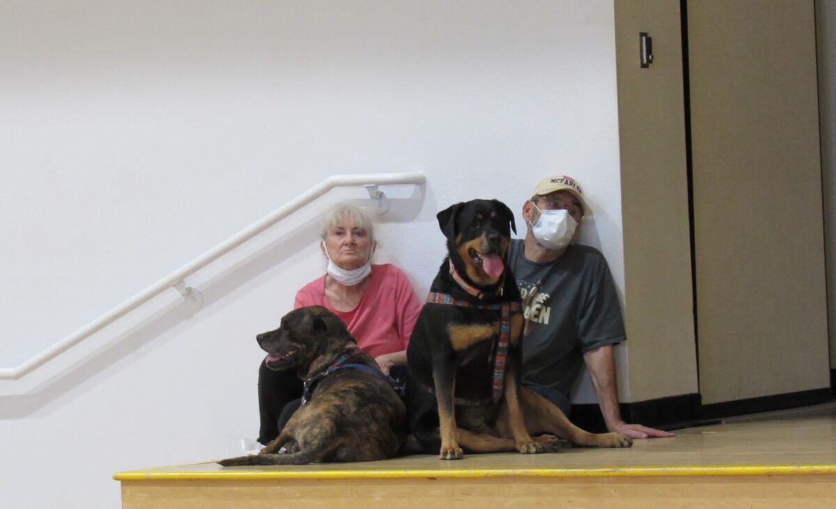 A displaced couple from the Valley Fire and their dogs, Rosa and Rita, take refuge in the Joan MacQueen Middle School gym.