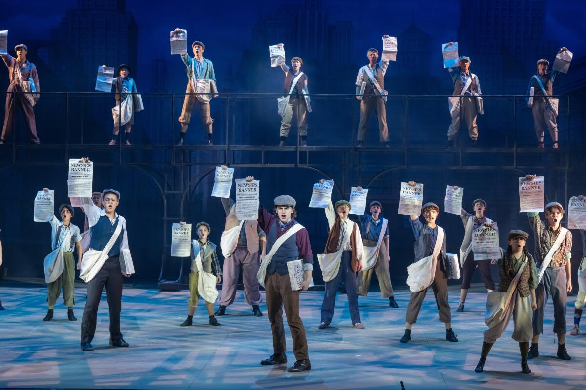 The cast of "Newsies" at Long Beach's Carpenter Performing Arts Center.