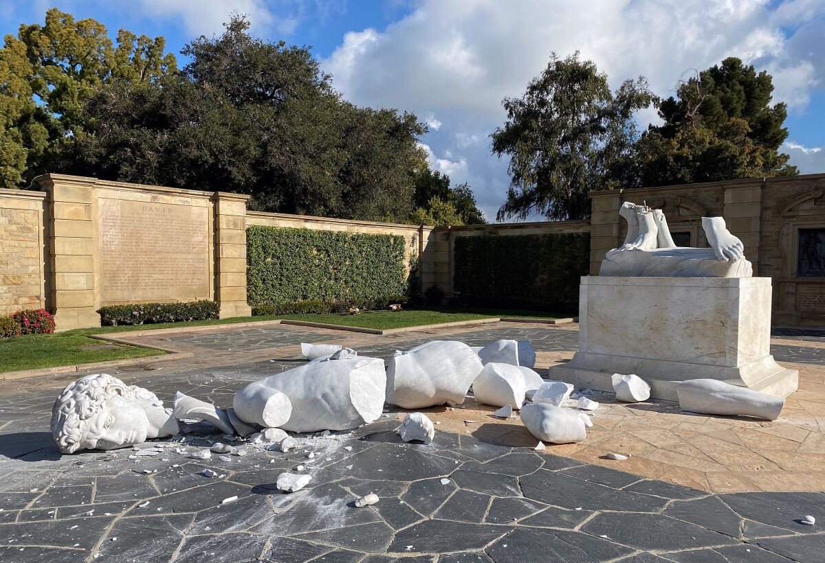 James Fishburne, director of the Forest Lawn Museum in Glendale, said a replica of Michelangelo's sculpture of the Biblical figure David fell down and shattered on its own during the weekend likely as a result of a flaw present in the original artwork's design.
