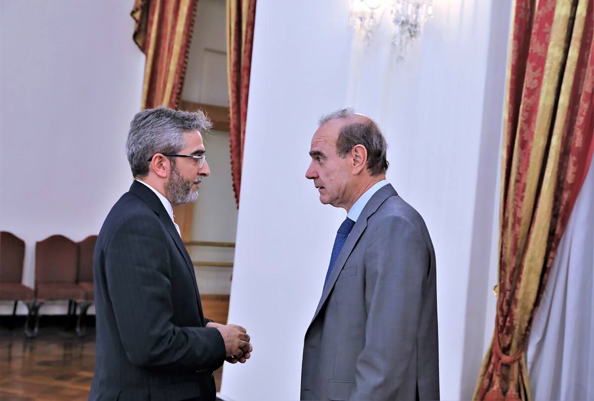 In this picture released by the Iranian Foreign Ministry, Enrique Mora, the European Union coordinator of talks to revive Iran's nuclear accord with world powers, right, speaks with Iran's top nuclear negotiator Ali Bagheri Kani, in Tehran, Iran, Wednesday, May 11, 2022. Mora traveled to Tehran as the bloc makes a last-ditch effort to salvage the tattered deal after a weekslong standstill. (Iranian Foreign Ministry via AP)