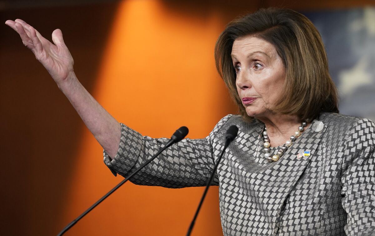 Speaker of the House Nancy Pelosi, of Calif., speaks to the media, Thursday, March 3, 2020, on Capitol Hill in Washington. (AP Photo/Mariam Zuhaib)