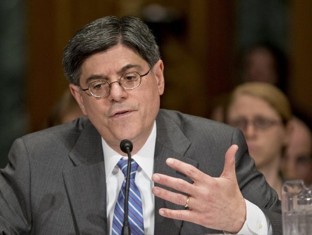 Jacob J. Lew, President Obama's choice to be Treasury secretary, testifies during his confirmation hearing before the Senate Finance Committee.