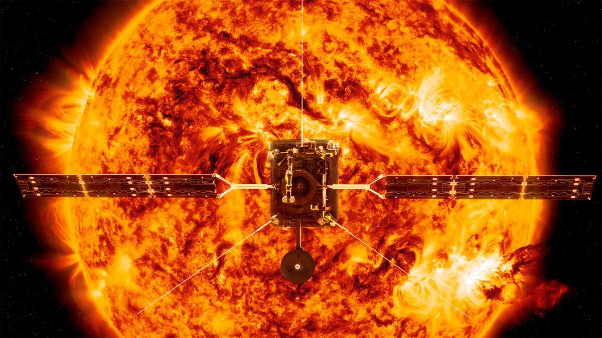 This illustration depicts the Solar Orbiter satellite in front of the Sun. The spacecraft blasted off from Florida on Sunday.