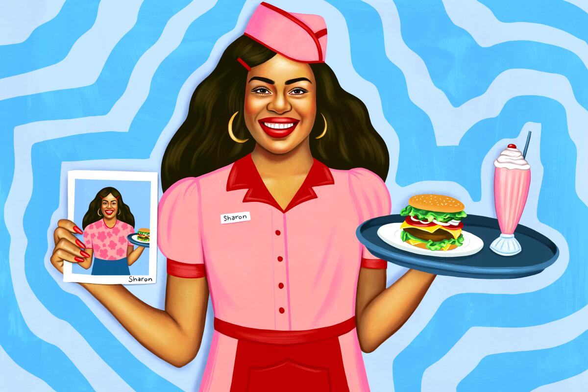 Illustration shows a woman working as a restaurant server and holding a headshot 