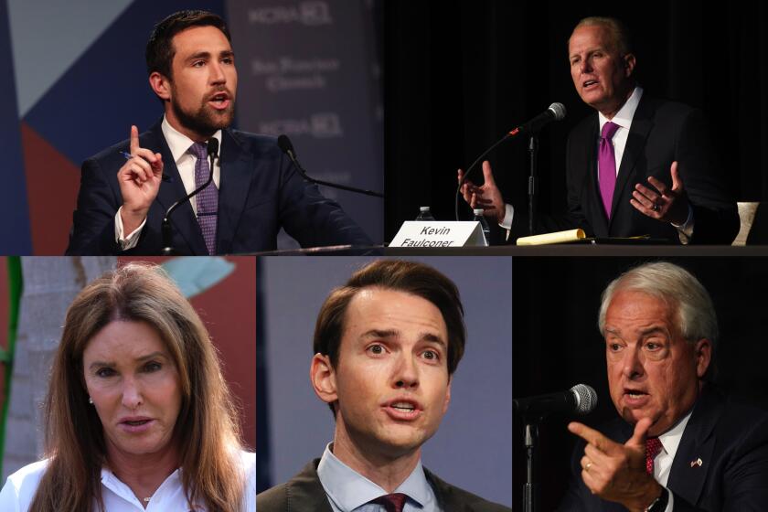 Candidates running to replace Gov. Gavin Newsom in the recall election include, clockwise from top left: Democrat Kevin Paffrath, Assemblyman Kevin Kiley, former San Diego Mayor Kevin Faulconer, Caitlyn Jenner.