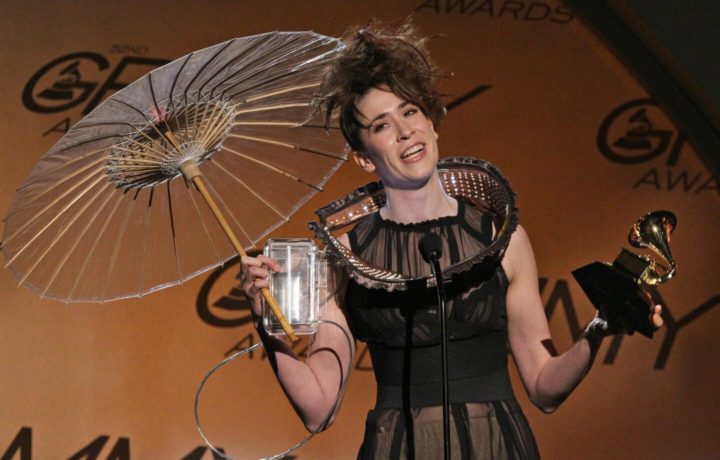 British singer Imogen Heap turned heads on the carpet with her eccentric and forward-thinking attire. Around Heap's neck: a kind of sculptural cuff with blinking lights, and her purse was a small television. Naturally, her outfit, deemed "Immi's Twitdress," had its own Twitter feed.