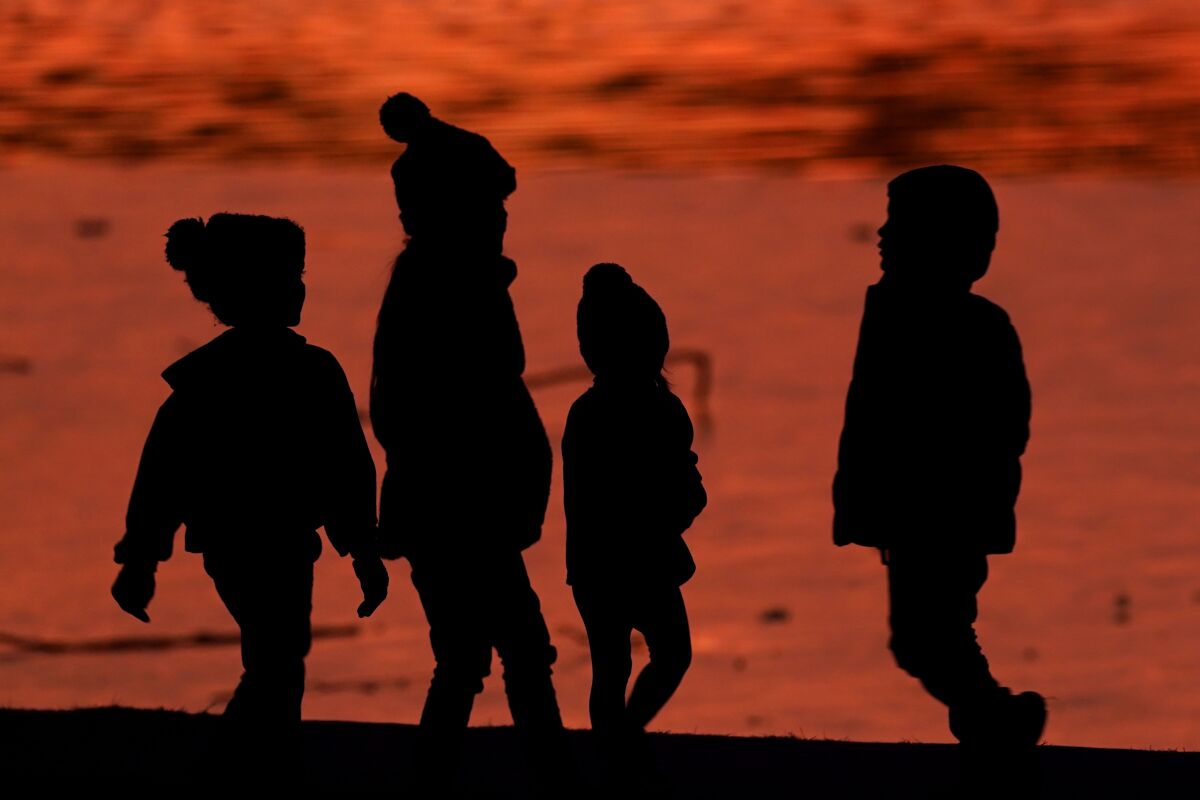 Children in coats and hats are silhouetted against a pond at a park.