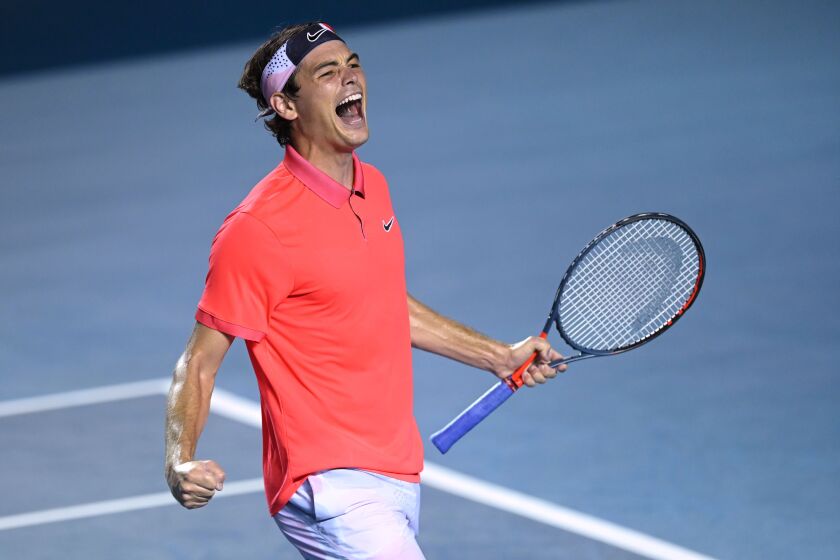 Taylor Fritz celebrates after beating Britain's Kyle Edmund (not in frame) in the quarterfinals of the Abierto Mexicano Telcom in Acapulco, Mexico, on Thursday.