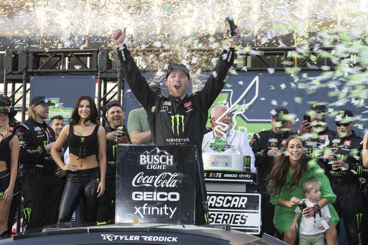 Tyler Reddick celebrates after winning Sunday's NASCAR Cup race at Circuit of the Americas.
