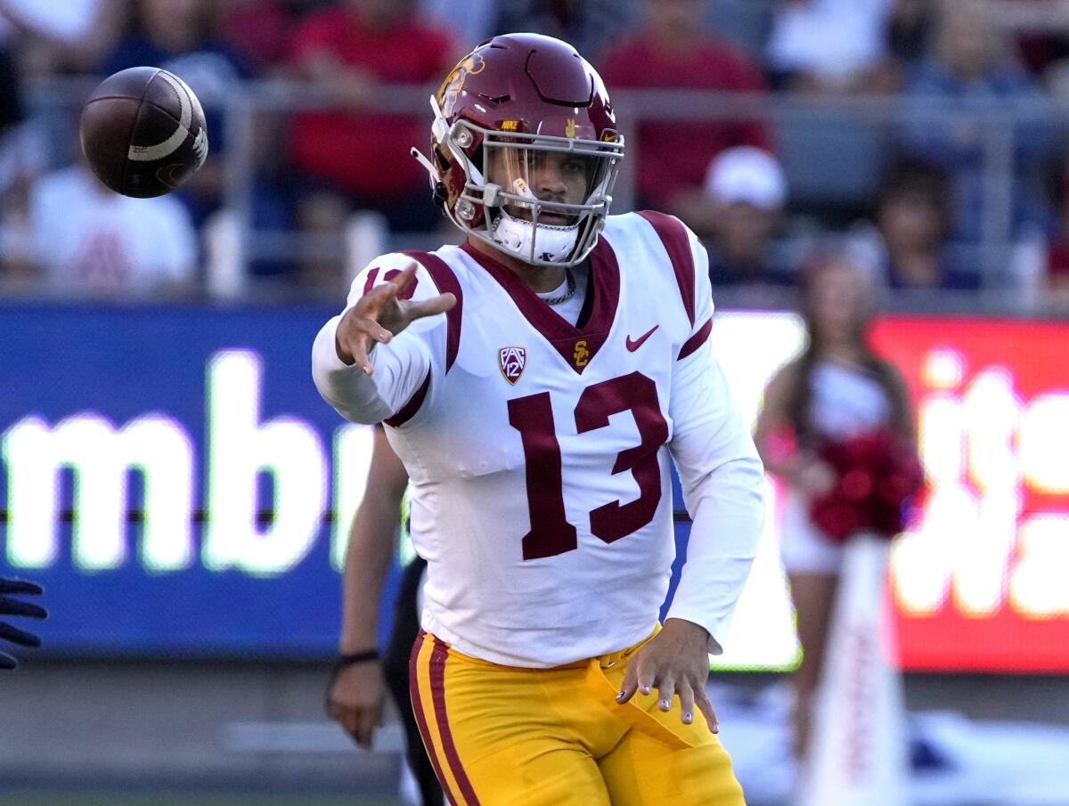 USC quarterback Caleb Williams passes during the Trojans' 45-37 win over Arizona on Saturday.