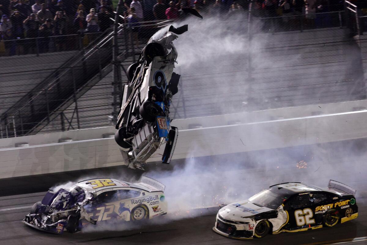 Ryan Newman flips over after being slammed into on the final lap of the Daytona 500 on Monday.