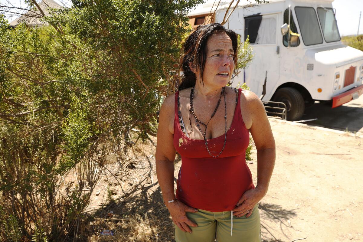 A woman stands outside an RV.
