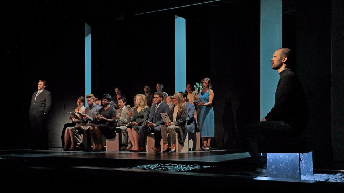 "The (R)evolution of Steve Jobs" with Edward Parks (Steve Jobs), right, Garrett Sorenson (Woz), left, and the Santa Fe Opera Chorus. (Ken Howard / Santa Fe Opera)