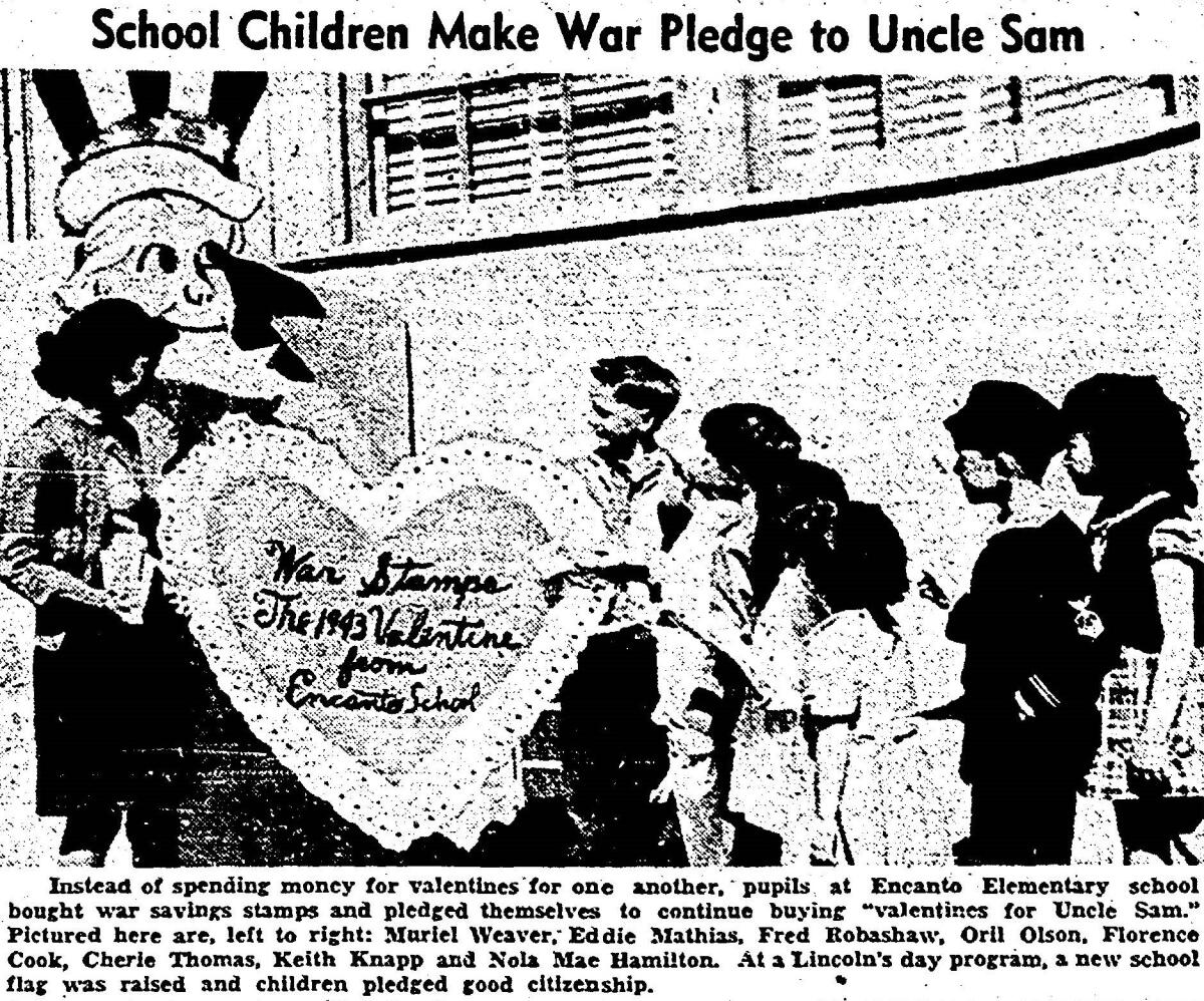 Children offer "valentines to Uncle Sam" in San Diego in 1943