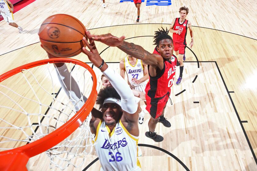 LAS VEGAS, NV - JULY 20: Blake Hinson #36 of the Los Angeles Lakers drives to the basket.