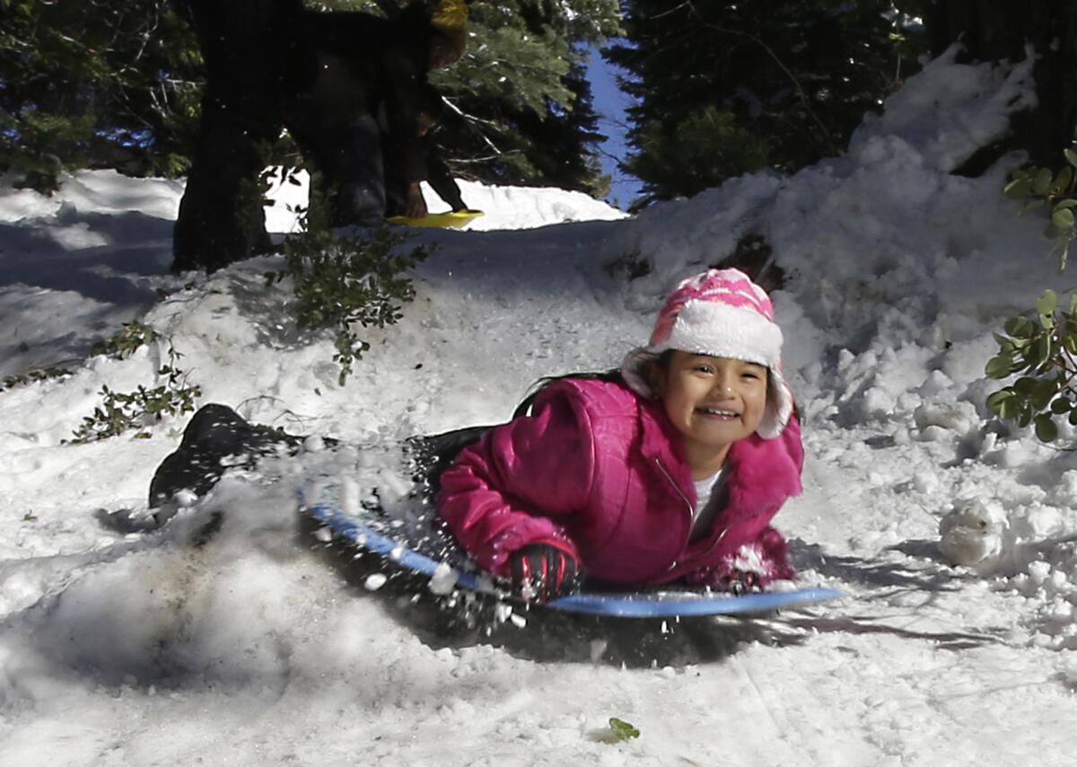 Dannya Castillo, 8, sleds down a snow covered hill near Echo Summit, Calif.