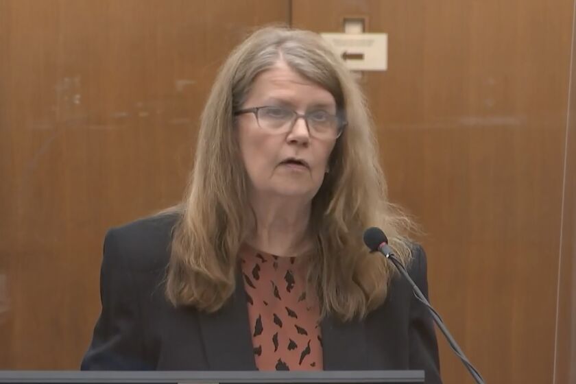 In this screen grab from video, former Minneapolis police officer Derek Chauvin mother Carolyn Pawlenty is seen during victim impact statements as Hennepin County Judge Peter Cahill presides over sentencing, Friday, June 25, 202 at the Hennepin County Courthouse in Minneapolis. Chauvin faces decades in prison in the death of George Floyd. (Court TV, via AP, Pool)