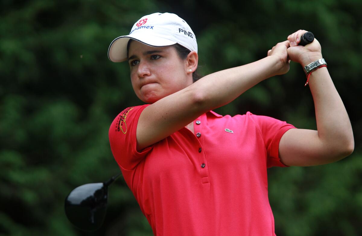 Lorena Ochoa of Mexico tees off on the 18th hole during the women's Lacoste Open.