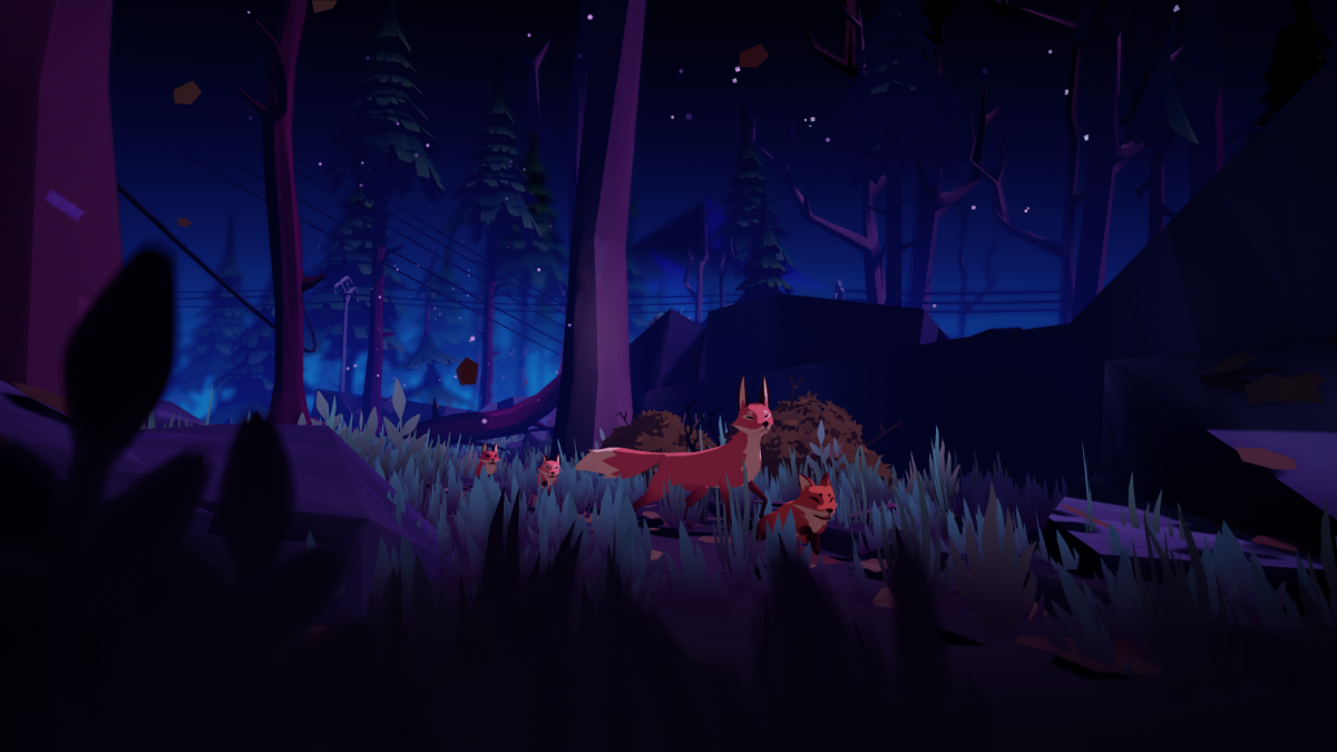 In a still from a video game, a family of foxes moves through a nighttime landscape.