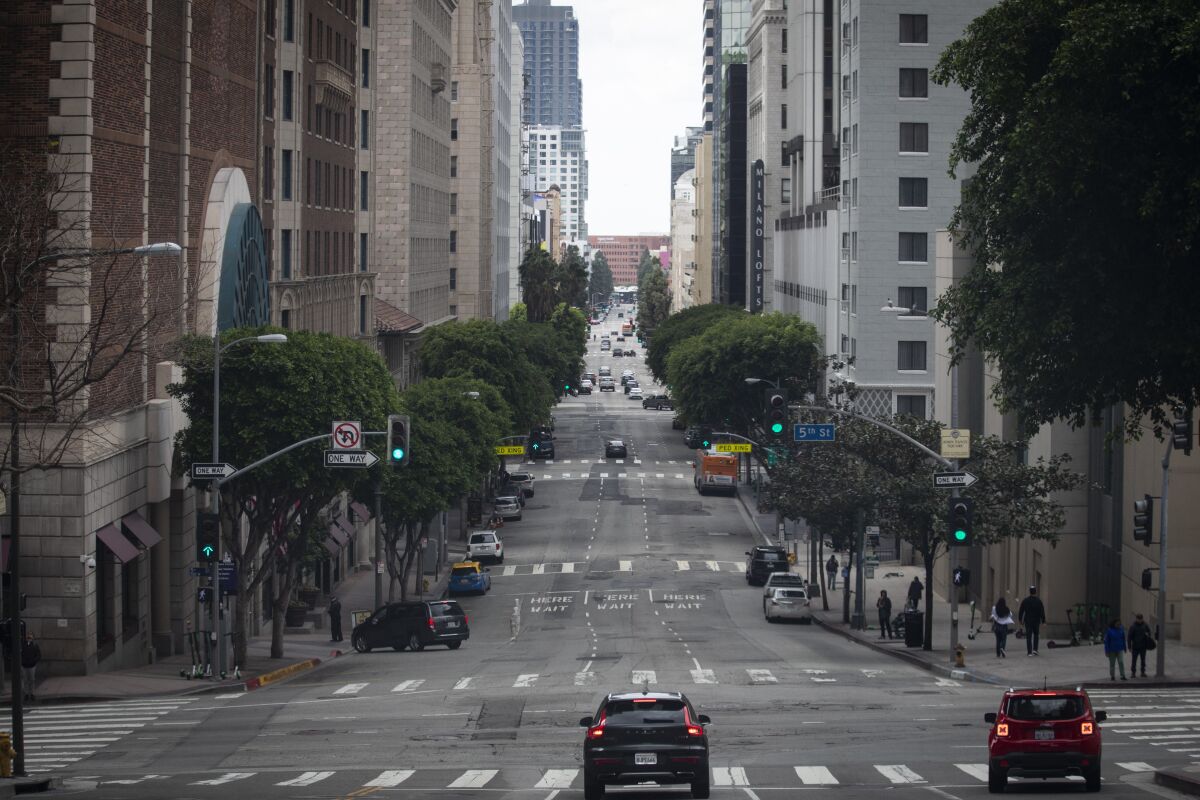 Light traffic on Grand Avenue in downtown Los Angeles