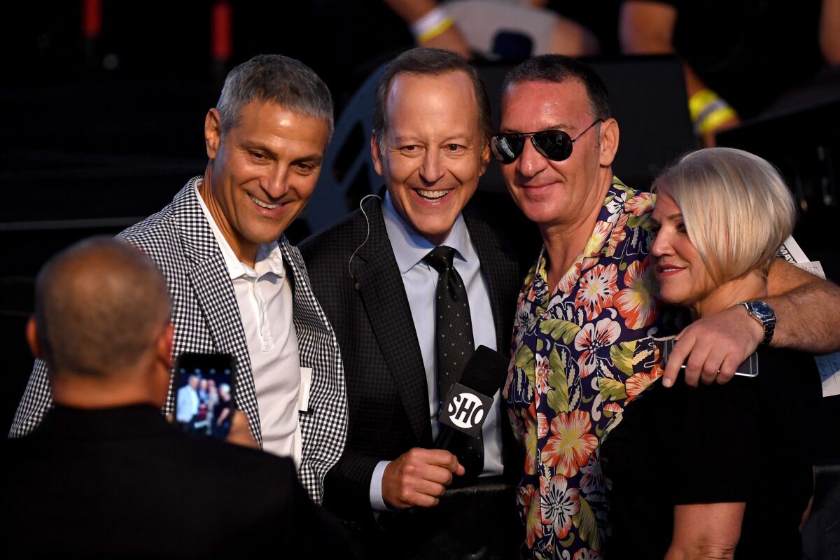 Ari Emanuel of WME-IMG, from left, sportscaster Jim Gray, and Tony and Margaret McGregor  at Vegas' T-Mobile Arena in August 2017.