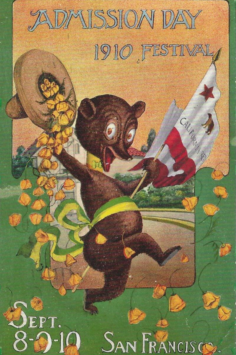 A cartoon bear dances -- with a hat overflowing with poppies and a California flag -- on a vintage postcard.