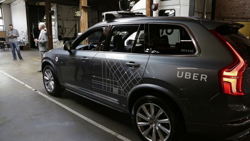An Uber driverless car is displayed in a garage in San Francisco in this file photo.