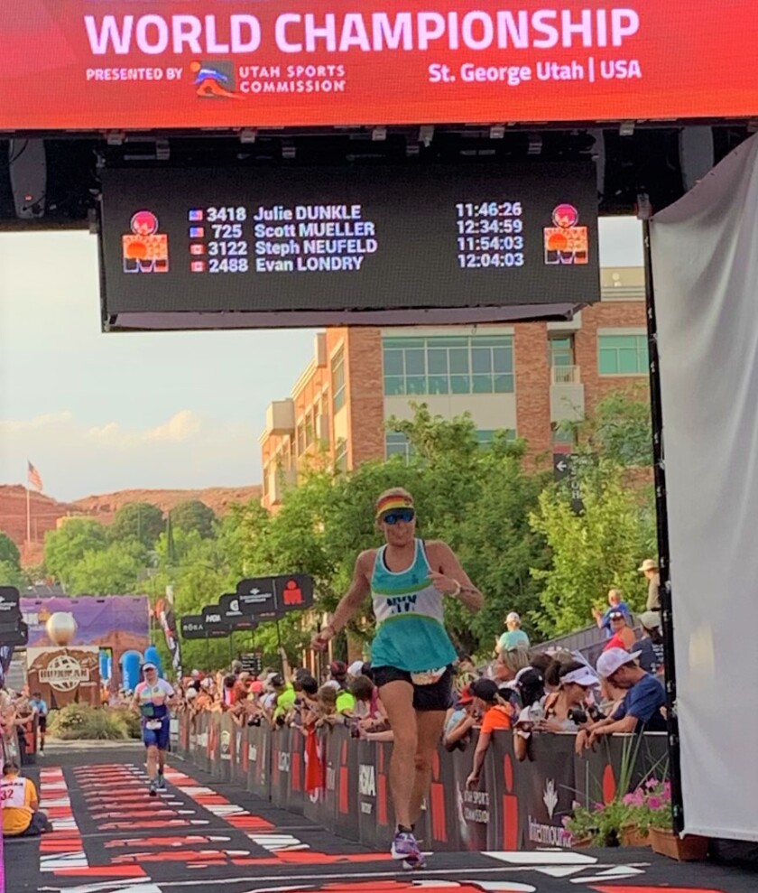 Julie Dunkle, 55, of Encinitas, crossed the finish line first in her age group in the May 7 Ironman World Championship.