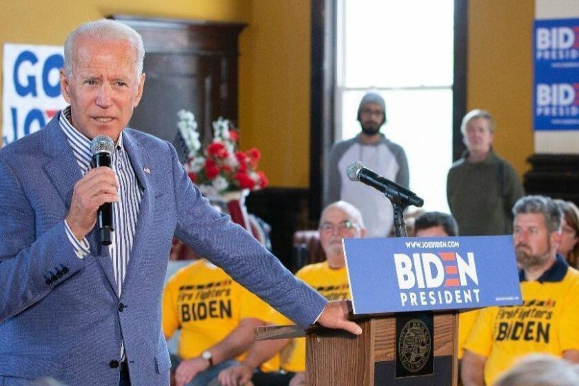Mandatory Credit: Photo by CJ GUNTHER/EPA-EFE/REX (10268250i) Democratic candidate for United States President, Former Vice President Joe Biden, addresses voters at the Berlin Town Hall in Berlin, New Hampshire, USA 04 June 2019. Biden is on a multi-stop tour of New Hampshire. Democratic candidate for United States President, Former Vice President Joe Biden campainging in New Hampshire, Berlin, USA - 04 Jun 2019 ** Usable by LA, CT and MoD ONLY **
