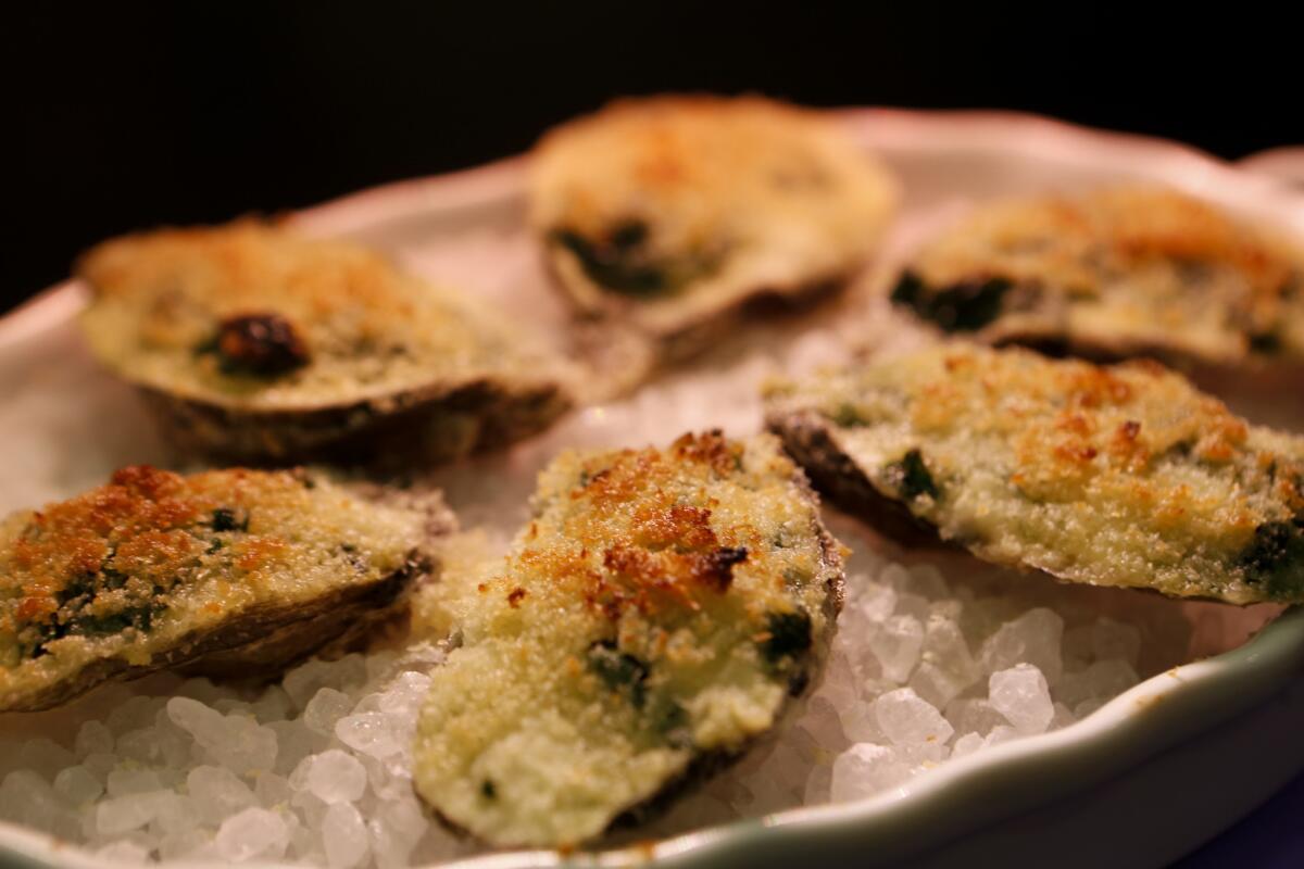 Oysters Rockefeller prepared by Chef Michael Cimarusti (CQ) from Providence and Connie and Ted's restaurants cooks three recipes, Deviled Oysters, Oysters Rockefeller and Baked Clams.