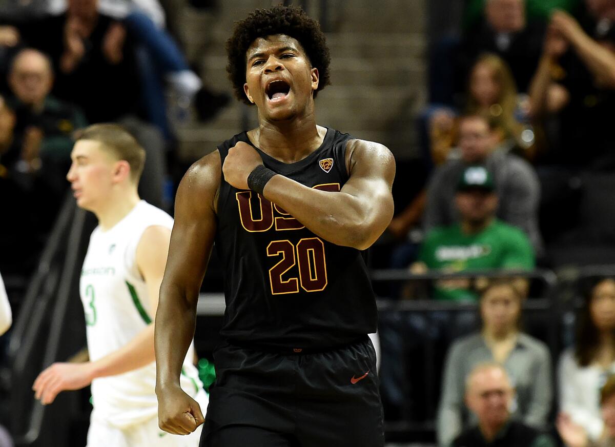 USC's Ethan Anderson reacts after Oregon scored during the second half on Jan. 23 in Eugene, Ore.