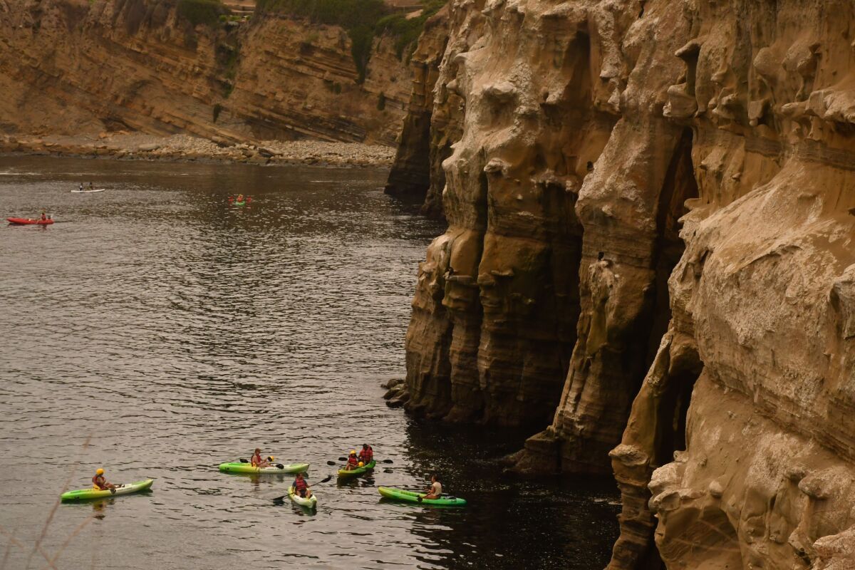 A view of kayakers from Goldfish Point in La Jolla