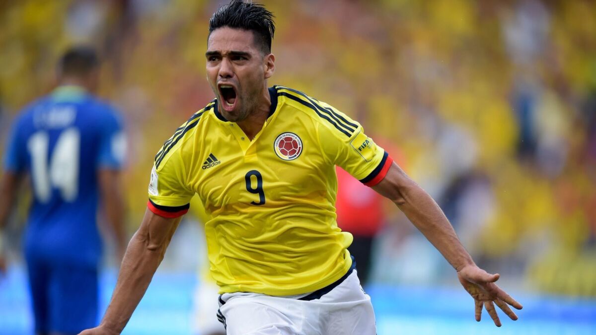 Colombia's Radamel Falcao celebrates after scoring during a World Cup qualifier against Brazil on Sept. 5.