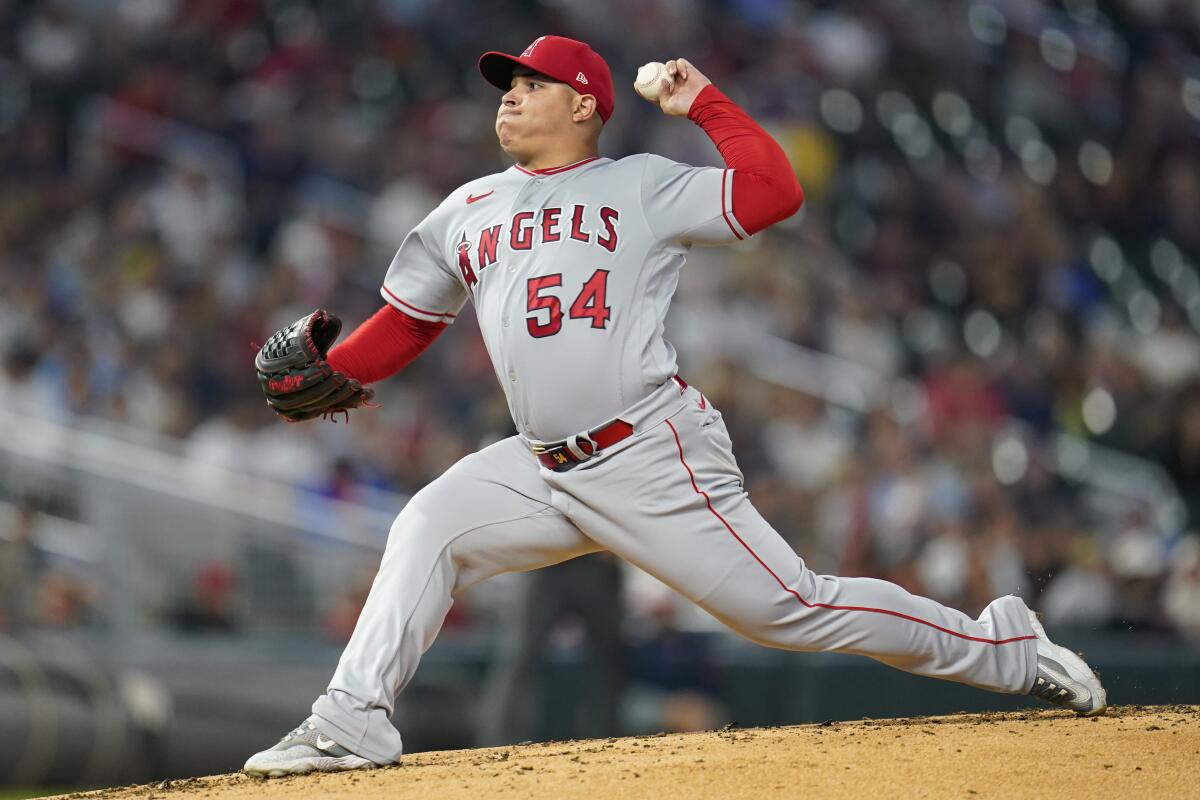 Angels pitcher José Suarez delivers during the second inning against the Minnesota Twins on Friday night at Target Field.