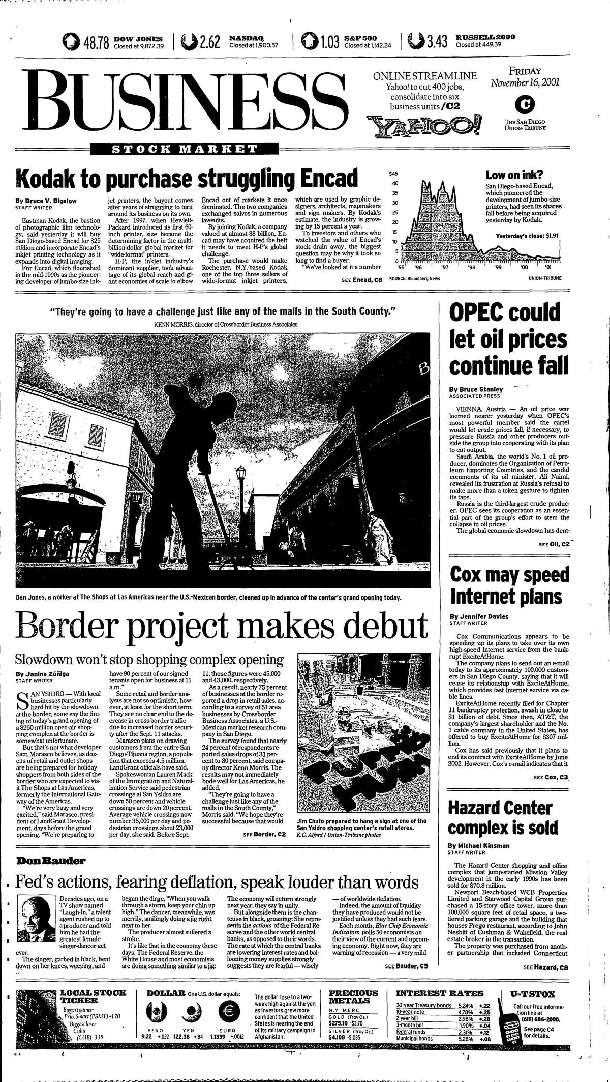 Front page of the Business section of The San Diego Union-Tribune, Nov. 16, 2001.
