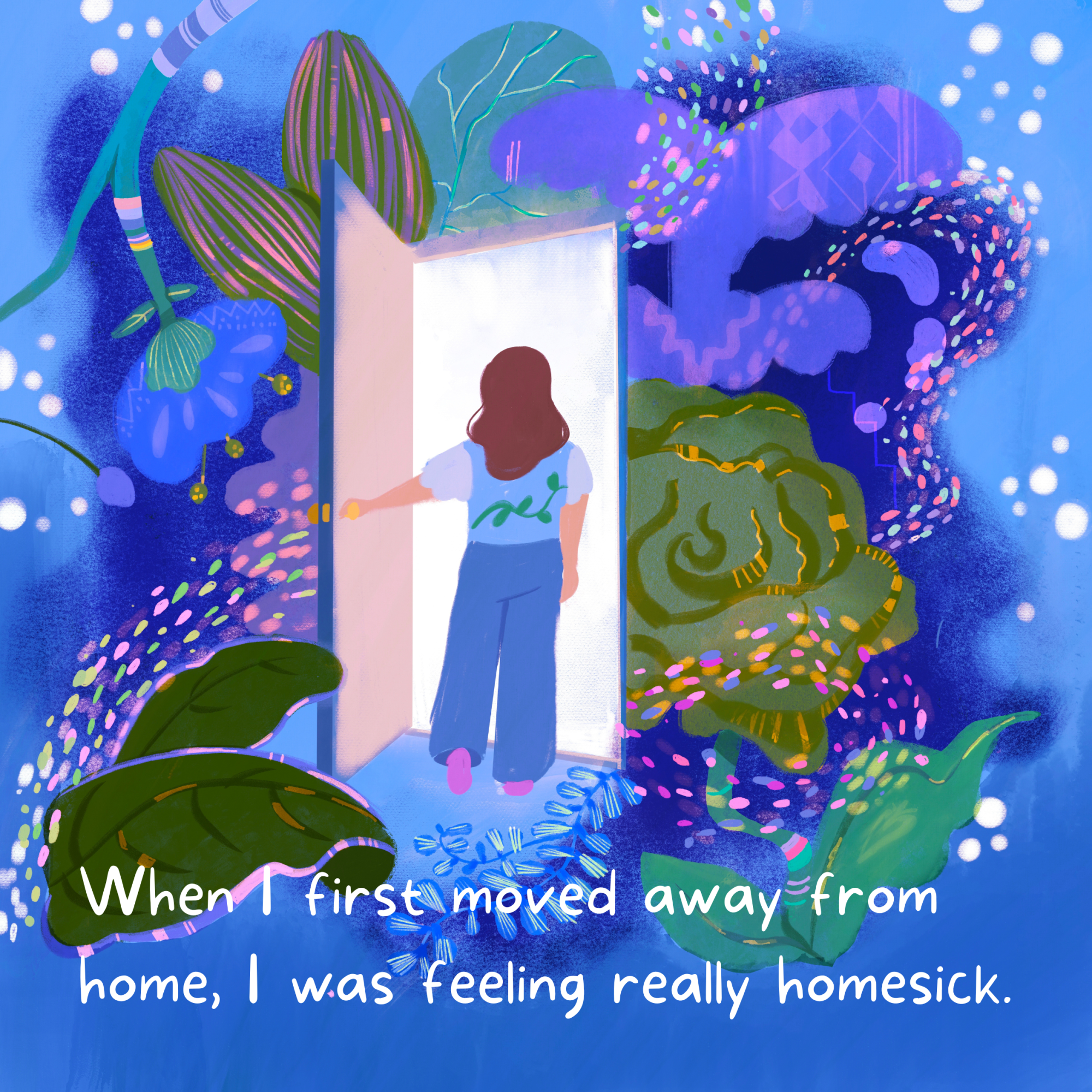 An illustration of a person in a doorway with the sentence: When I first moved away from home, I was feeling really homesick.