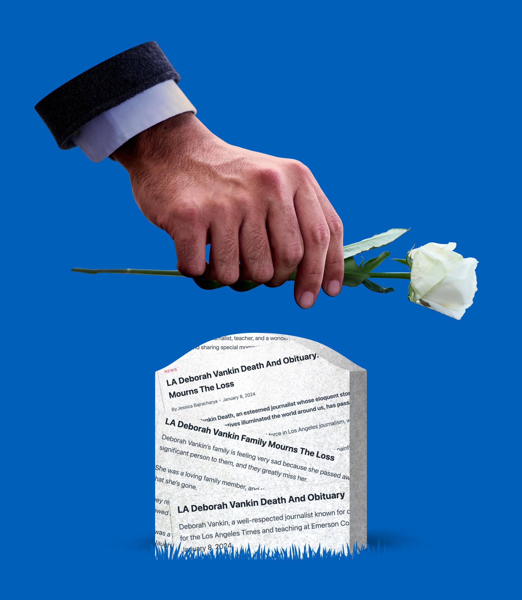 Photo illustration of a hand with extra fingers laying a white rose on a gravestone with screenshots