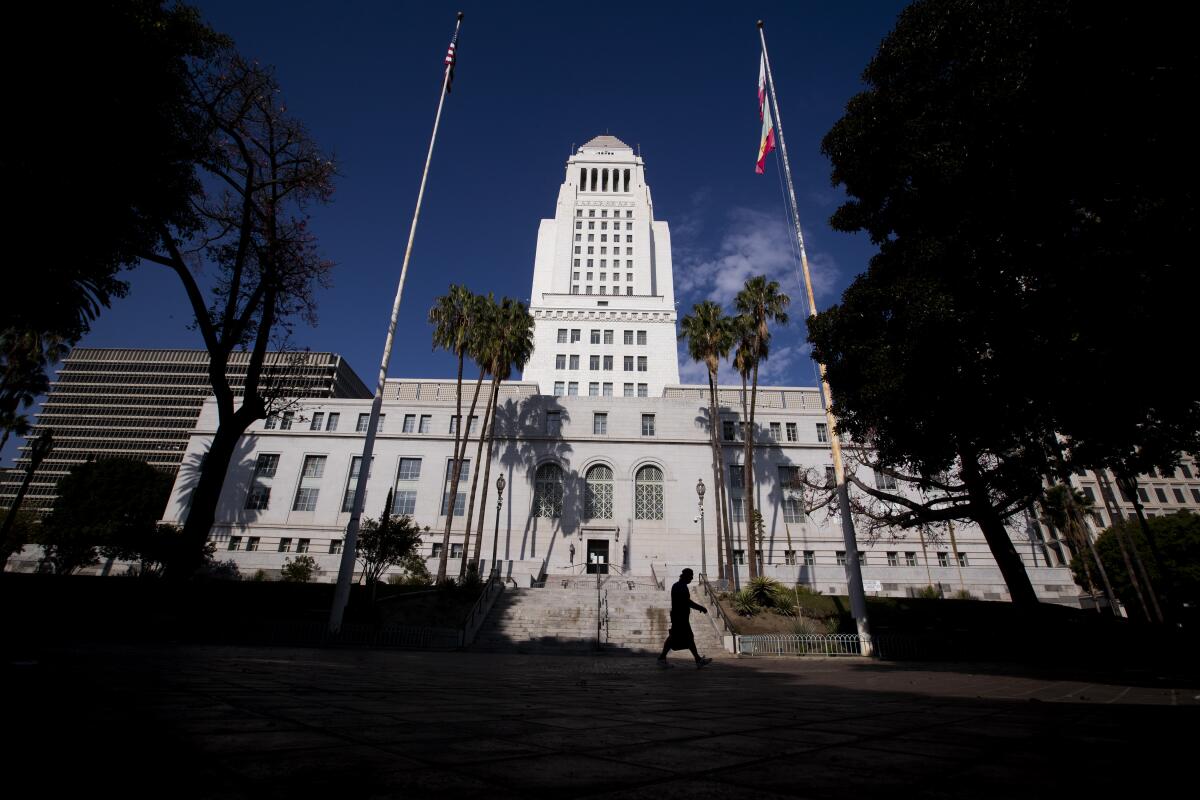 A view of Los Angeles City Hall on Oct. 10.