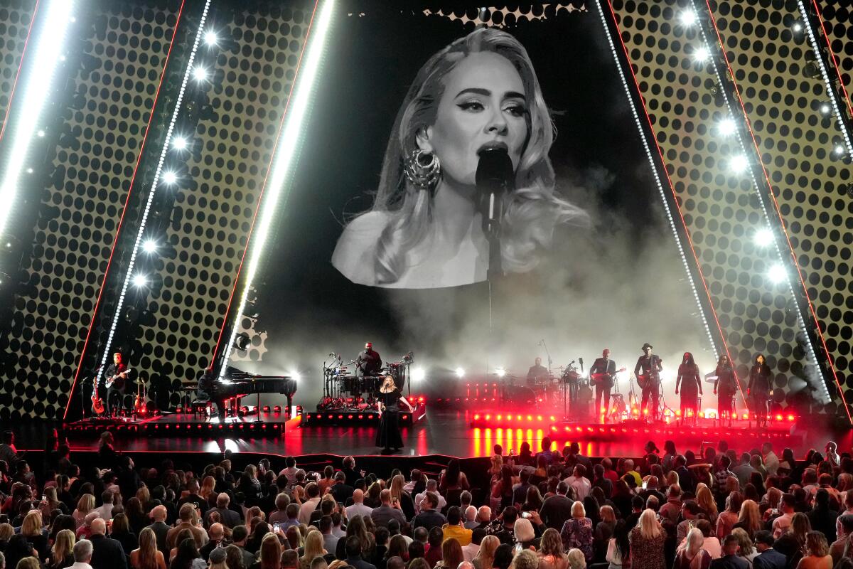 A Las Vegas stage and audience during a singer's performance