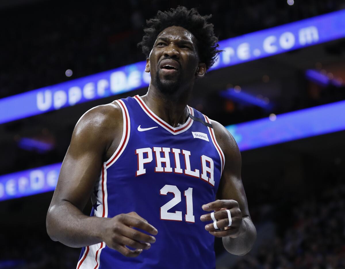 76ers' Joel Embiid plays in a game against the Atlanta Hawks on Monday in Philadelphia.