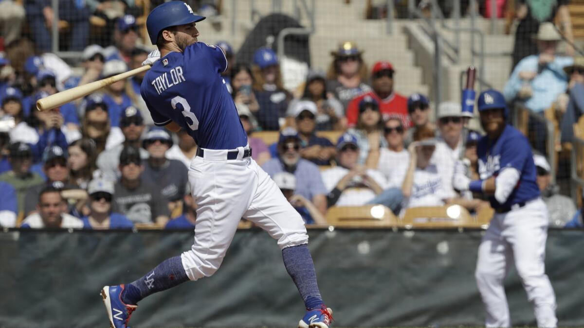 Dodgers' Chris Taylor hits during a spring training game in Glendale, Ariz.