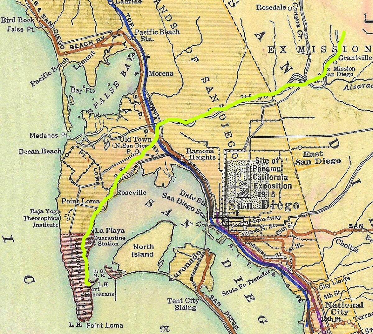 The approximate route of the La Playa Trail (in yellow), indicated on a 1915 railroad map.