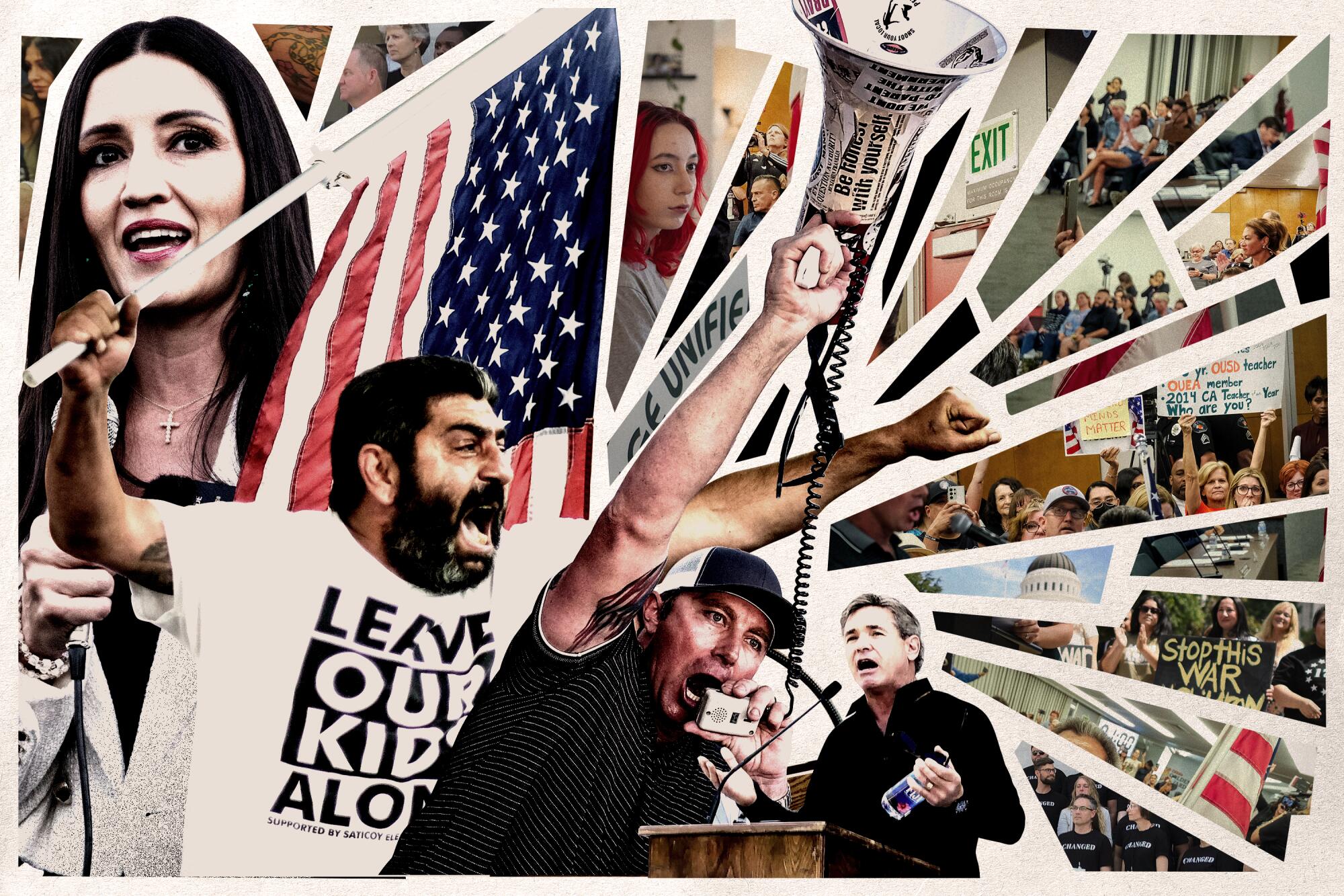 photo collage illustration of activists at California school board meetings