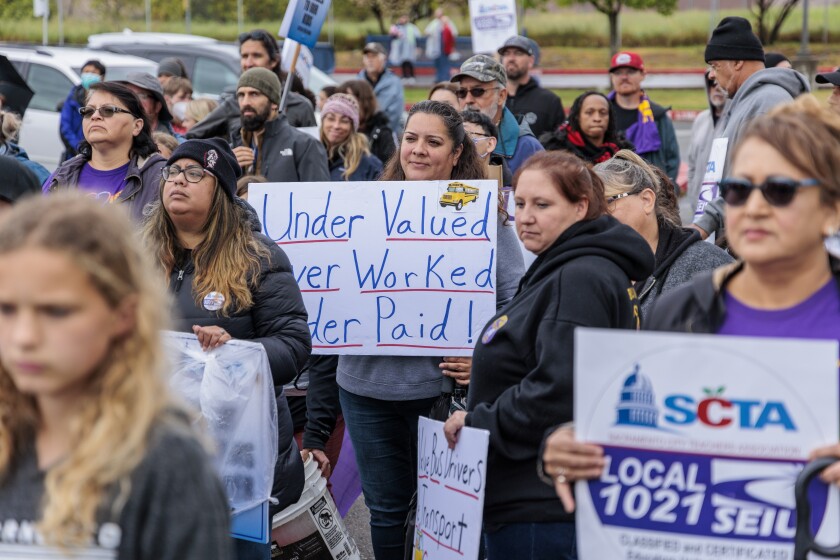 Sacramento City Unified School District teachers, school staff and supporters take part in a rally at Rosemont High School