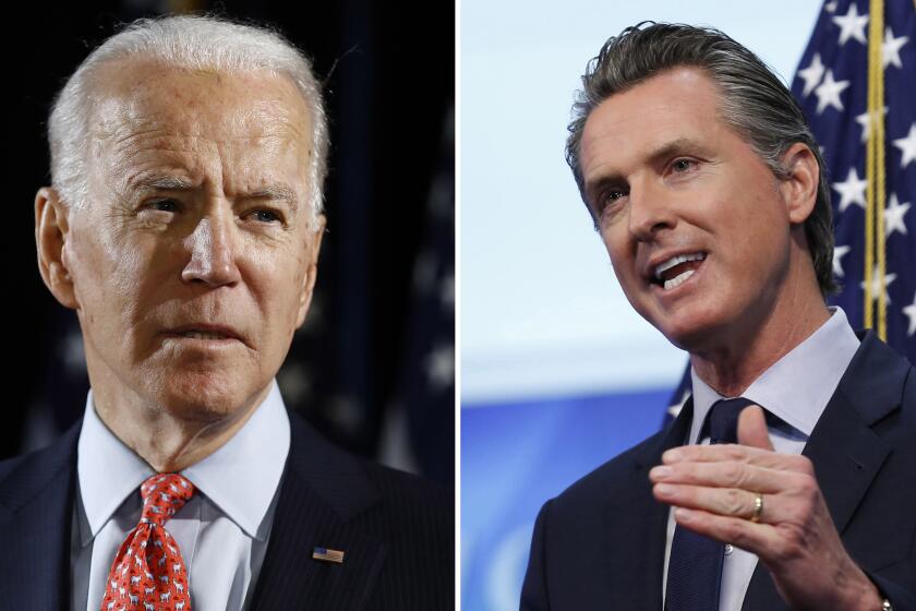 Left, March 12, 2020 file photo, Democratic presidential candidate Joe Biden speaks about the coronavirus in Wilmington, Del. Right, April 14, 2020 photo of Gov. Gavin Newsom during a news conference at the Governor's Office of Emergency Services in Rancho Cordova, Calif. (Matt Rourke; Rich Pedroncelli / Associated Press)