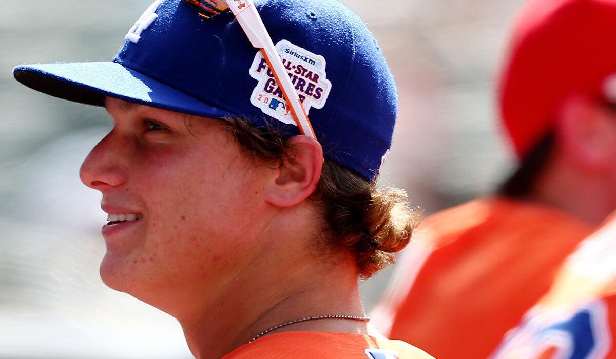 Joc Pederson looks on from the dugout during the All-Star Futures game in July 2013 at Citi Field.