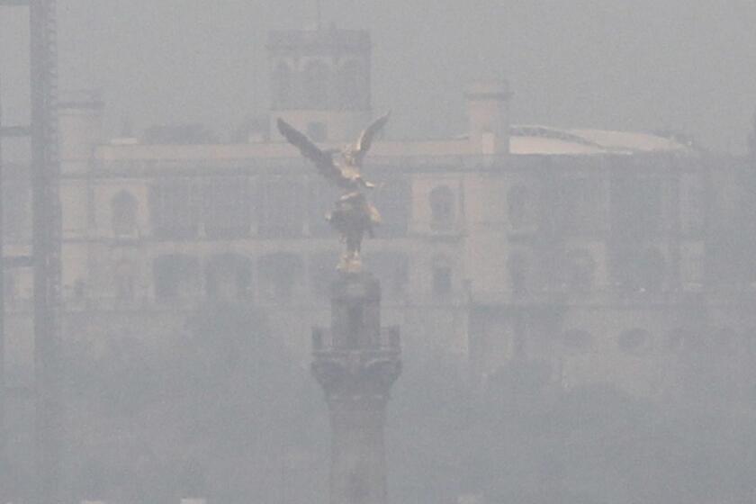 Mandatory Credit: Photo by Mario Guzman/EPA-EFE/REX (10237824a) A view of the monument of the Angel of the Independence amidst the air pollution in Mexico City, Mexico, 15 May 2019. The Environmental Commission of the Megalopolis (Came) reported that the extraordinary environmental alert continues in the Mexico Valley due to the high concentration of particles suspended in the air. Extraordinary environmental alert activated at Mexico Valley, Mexico City - 15 May 2019 ** Usable by LA, CT and MoD ONLY **
