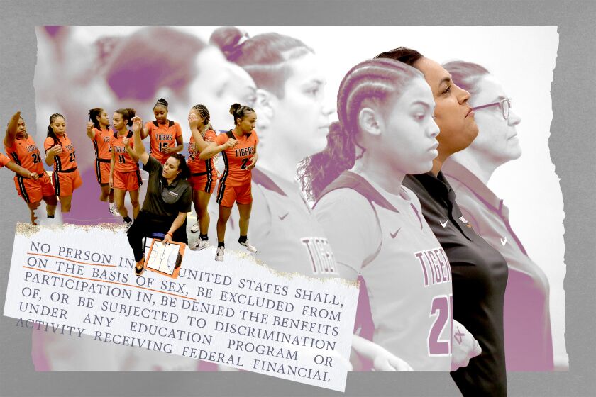 Photo illustration of a women's basketball team and their coach. The team is in a muted gray with the coach in color.